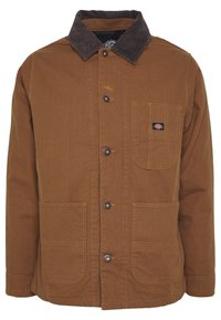 Brown fabric jacket with a corduroy collar, button closure, two front pockets, and a chest pocket featuring a logo. Stitched detailing visible.