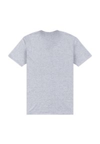 Šedé tričko s krátkým rukávem vyrobené z měkké bavlny, s kulatým výstřihem a bez vzorů či designu, pohled zezadu.