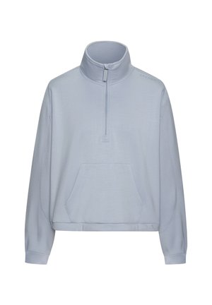 Lichtblauwe pullover sweatshirt met een hoge kraag, half-rits aan de voorkant en een voorste kangaroozak. Zacht materiaal met een relaxte pasvorm.