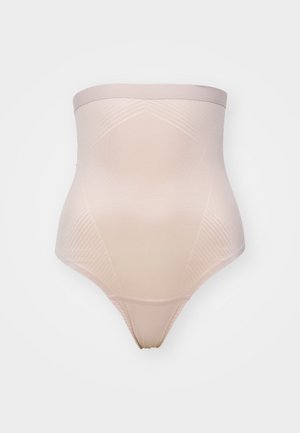 Beige seamless body shaper with a high waist and scoop back, featuring a smooth texture and geometric pattern detailing on the front.