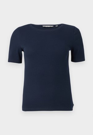 Haut pour femmes à manches courtes en tricot côtelé bleu marine avec col rond et silhouette ajustée sur fond blanc.
