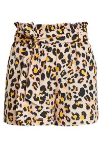 Shorts pour femmes taille haute avec imprimé léopard rose, jaune et noir, accompagnés d'une ceinture assortie en tissu nouée en un nœud à la taille.