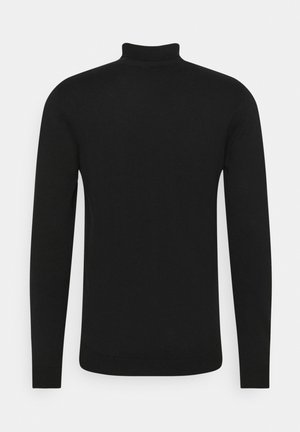 Schwarzer langärmeliger Rollkragenpullover mit taillierter Passform, glatter Textur und gerippten Bündchen sowie Saum. Keine sichtbaren Logos oder Muster.