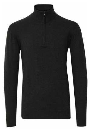 Maglione nero a collo alto con maniche lunghe. Presenta una zip frontale parziale e polsini e orlo a costine per un look aderente. Tessuto morbido.