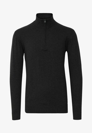 Schwarzer Pullover mit langen Ärmeln und hohem Kragen. Mit einem halben Reißverschluss vorne sowie gerippten Bündchen und Saum für eine figurbetonte Passform. Weicher Stoff.