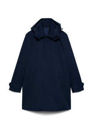 Manteau long bleu marine avec col, deux poches avant, sangles aux poignets et capuche sur fond blanc.