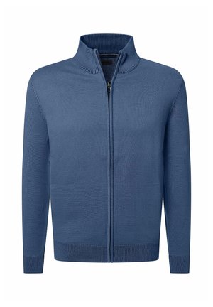 Blauwe gebreide sweater met volledige rits, voorzien van een geribbelde opstaande kraag, manchetten en zoom, plat weergegeven tegen een witte achtergrond.
