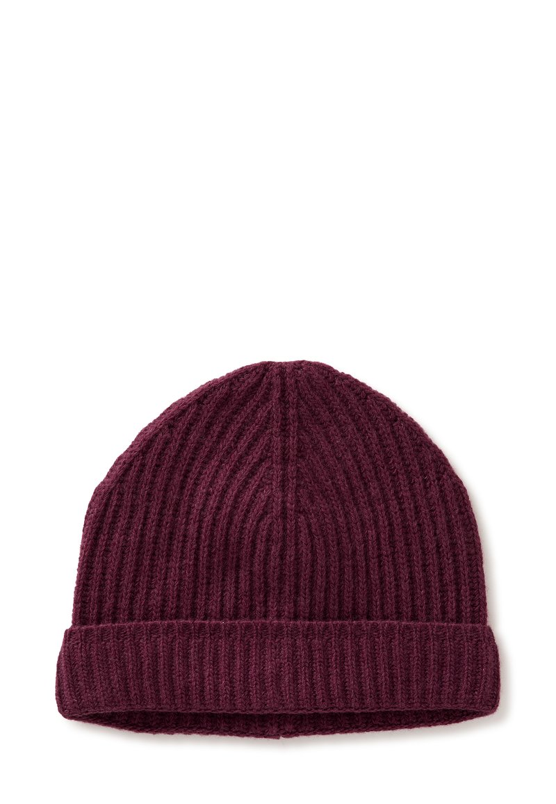 Beanie a coste burgundy con risvolto. La texture è morbida e il design presenta linee verticali su tutta la superficie.