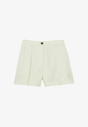 Balti plisuoti šortai, pagaminti iš audinio, su vienu rudos spalvos mygtuku priekyje ir diržo kilpomis.