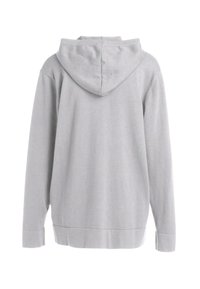 Felpa con cappuccio grigia dal tessuto morbido, con tasca a marsupio, polsini a coste e orlo, mostrata da dietro.