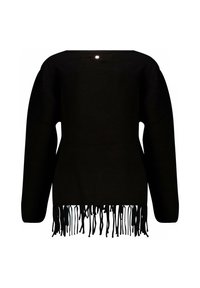 Zwarte trui met lange mouwen, voorzien van een brede halslijn en een fringed zoom. Soepele textuur met een glanzend accent aan de achterkant.