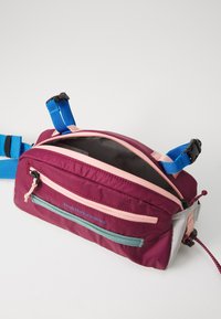 Maroon fabric bag with pink zippers, blue straps, and a gray accent. Multiple compartments visible; compact, rectangular shape.