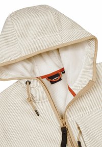 Giacca girocollo in crema e beige, caratterizzata da un tessuto testurizzato con motivi diagonali, fodera in pile e cappuccio regolabile con lacci.