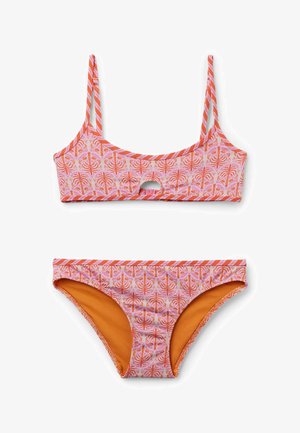 To-delt bikini med orange og pink palmeblads mønster, top med rund halsudskæring og nøglehul, samt matchende lavtaljede bikiniunderdele med orange for.