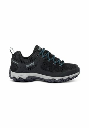 Black and grey waterproof hiking shoe with blue-accented laces, mesh panels, and rugged sole for outdoor use.