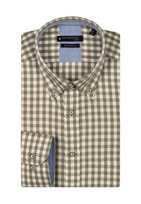 Groen en wit geblokt shirt in regular fit, met een blauwe accenten aan de binnenkant van de kraag en contrasterende zwarte knopen.