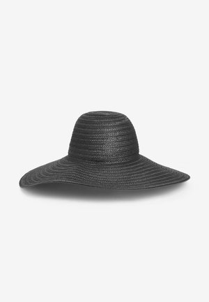 Black wide-brimmed woven sun hat with a rounded crown, displayed on a plain light background.