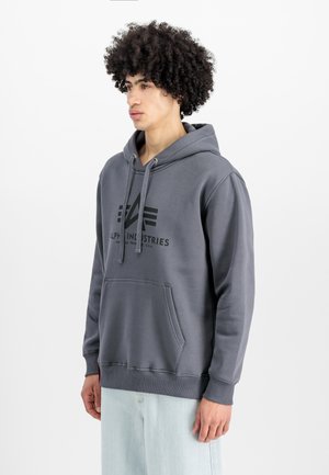 Grauer Hoodie aus Baumwollmischung, mit Kängurutasche, Zugkordelkapuze und bedrucktem Logo auf der Vorderseite. Weiche Textur und entspannte Passform.