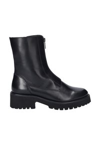 Black leather ankle boots with a zip closure and a thick, rugged sole. Features a smooth finish and an angular design.