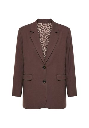 Brun damesblazer med to forreste knapper, klaplommer og leopardmønstret foer, der er synligt ved kraven og brystområdet.