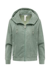 Giacca in corduroy verde con zip frontale, grande cappuccio e texture a coste. Presenta lacci regolabili sul cappuccio e tasche laterali.