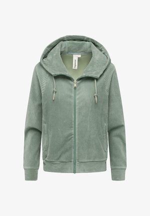 Green corduroy jacket with a zippered front, large hood, and ribbed texture. Features adjustable ties at the hood and side pockets.