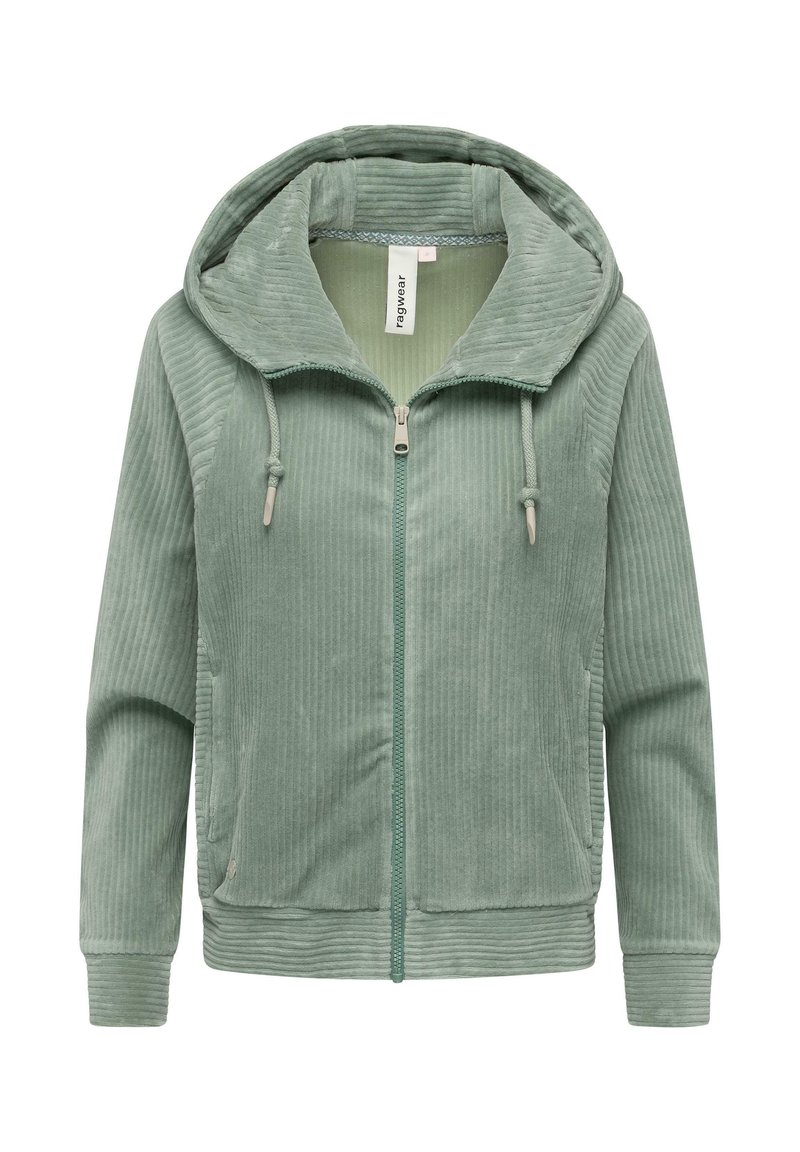 Giacca in corduroy verde con zip frontale, grande cappuccio e texture a coste. Presenta lacci regolabili sul cappuccio e tasche laterali.