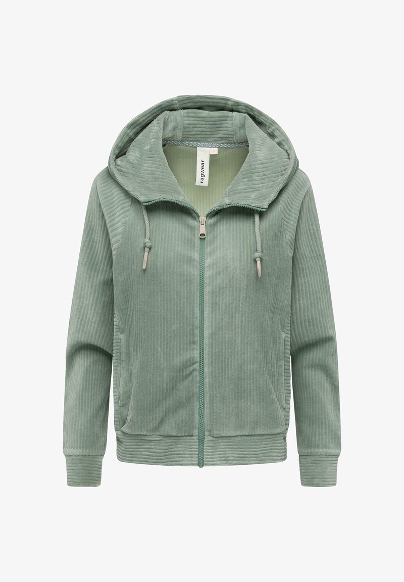 Giacca in corduroy verde con zip frontale, grande cappuccio e texture a coste. Presenta lacci regolabili sul cappuccio e tasche laterali.