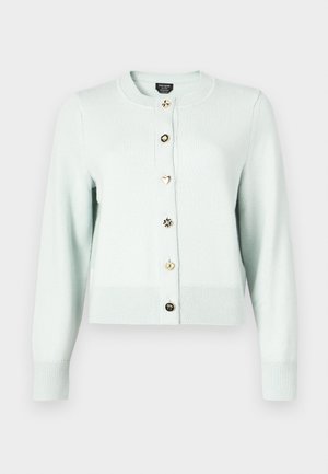 Cardigã verde menta claro feito de tecido macio, com gola redonda, mangas compridas, punhos canelados e botões em forma de coração.