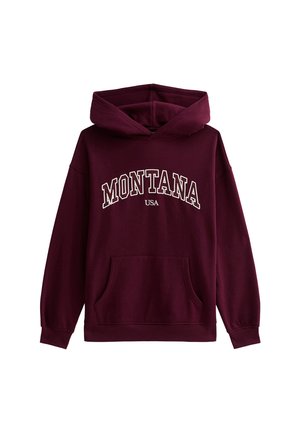 Sweatshirt bordeaux avec une poche frontale, un grand texte blanc "MONTANA" et "USA" en dessous en plus petite police. Comprend une capuche spacieuse et des poignets côtelés.