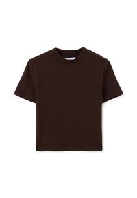 T-shirt corto a maniche corte di colore marrone scuro, disteso su uno sfondo bianco.