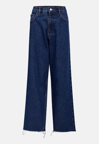 Jean ample en denim bleu foncé. Doté d'un design à cinq poches, d'une fermeture par bouton et zip, et de détails à l'ourlet brut au niveau de la cheville.