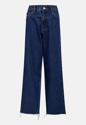 Wide-leg jeans in dark blue denim. Featuring five-pocket design, a button and zip closure, and raw hem detailing at the ankle.