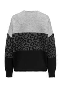 Pull à manches longues avec haut gris clair, milieu imprimé léopard gris foncé et noir, et bas et manches unis noirs.