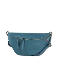 Blauwe leren hobo tas met een gebogen vorm, dubbele ritssluitingen, zilverkleurige hardware en een klein accent met de Italiaanse vlag.