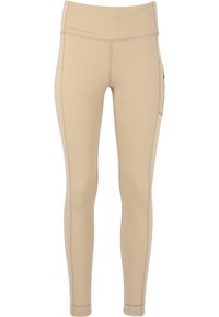 Beige sportleggings med hög midja, slät textur, sidfickor och kontrasterande sömmar för en förbättrad design.