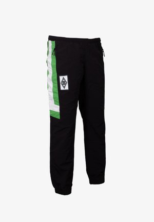 Zwarte trainingsbroek met groene en witte verticale strepen, elastische tailleband en een diamant logo-patch aan de zijkant.