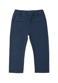 Granatowe spodnie z elastycznym pasem, dwiema tylnymi kieszeniami i gładką, miękką fakturą. Posiadają prosty krój nogawki oraz wykończone brzegi.