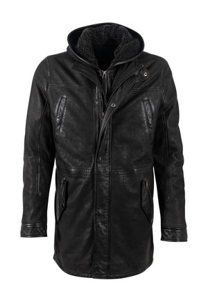 Zwarte leren jas met capuchon, voorzien van een gewatteerde binnenvoering, twee ritszakken en een hoge kraag voor extra warmte.