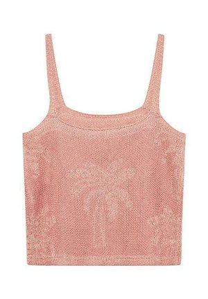 Top corto de punto rosa con tirantes finos, que presenta un sutil patrón de palmeras. Textura suave y forma cuadrada; diseño casual adecuado para el clima cálido.