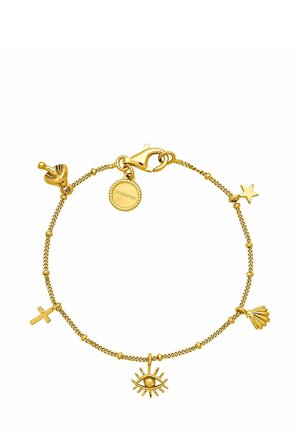 Pulsera de tono dorado hecha de eslabones de cadena, con charms: cruz, ojo, estrella y concha. Incluye un cierre de langosta y una etiqueta de marca.