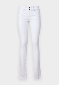 Jean en denim blanc évasé avec une taille haute, deux poches avant et une fermeture à double bouton. Texture lisse avec des détails de couture minimaux.