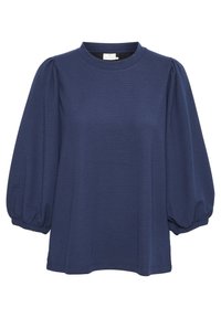 Blusa blu navy con maniche corte a palloncino, scollatura rotonda, tessuto testurizzato e vestibilità ampia. Presenta arricciature ai polsini delle maniche.