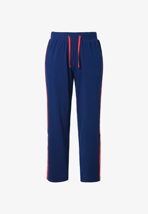 Tmavě modré tepláky s elastickým pasem, červenými šňůrkami a svislými červenými pruhy po stranách. Měkká, lehká látka.