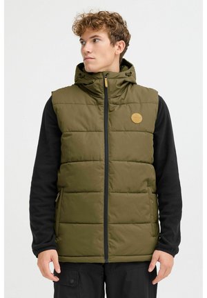 Olive green padded vest with a hood, zippered front, and side pockets. Features a circular logo on the chest and black fleece sleeves.