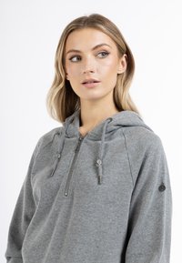 Grijze zip-up hoodie met een zachte textuur, voorzien van een verstelbare capuchon en decoratieve ritsgrepen. Inclusief een logo-opdruk op de mouw.