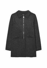 Grauer gestrickter Cardigan mit Kragen, Frontreißverschluss und zwei Vordertaschen, aus strukturiertem Stoff und mit geradem Schnitt.