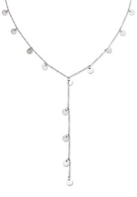 Collana in tonalità argento con un design a catena, caratterizzata da dischi rotondi piatti distribuiti uniformemente lungo la lunghezza e una sezione centrale con dischi aggiuntivi.