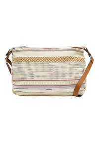 Borsa in tessuto a trama con strisce multicolori, che presentano colori crema, arancione e grigio. Manico in pelle beige e zip in contrasto. Forma rettangolare.