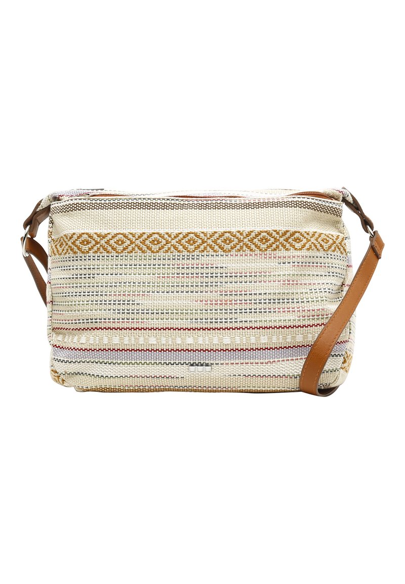 Borsa in tessuto a trama con strisce multicolori, che presentano colori crema, arancione e grigio. Manico in pelle beige e zip in contrasto. Forma rettangolare.